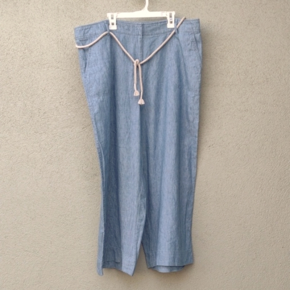 Talbot's Blue Belted Linen Wide Crop Trouser Pants Women's 16